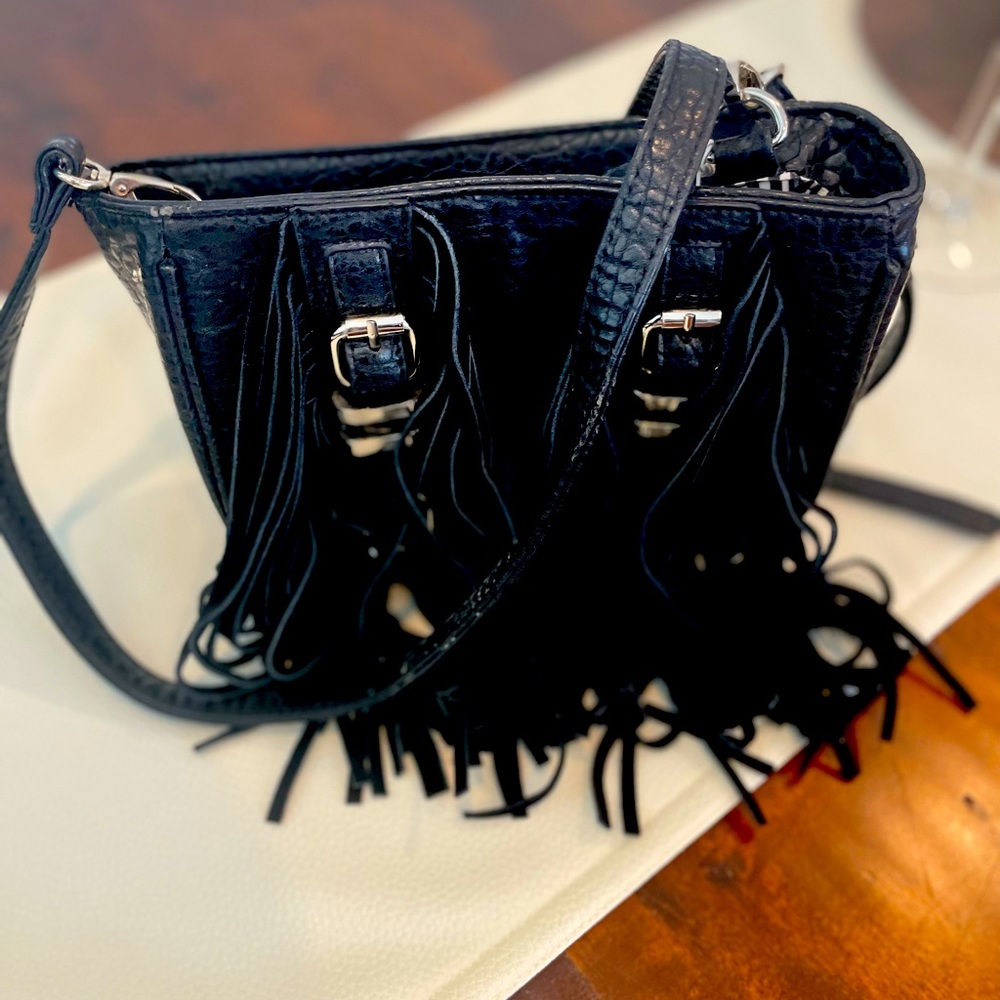 NWT! Nila Anthony Black Leather Crossbody Purse with black suede Fringe.
